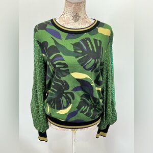 BLANK LONDON for ANTHROPOLOGIE Green and black Monstera knit sweater size S